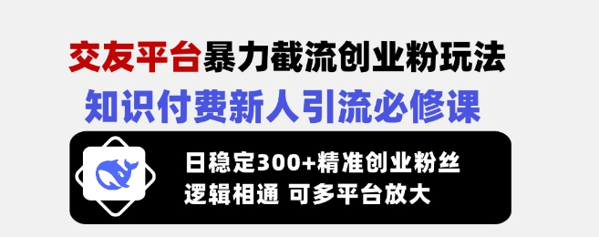 交友平台暴力截流创业粉玩法，知识付费新人引流必修课，日稳定300+精准创业粉丝，逻辑相通可多平台放大创业项目-副业赚钱-互联网创业-资源整合HubZap创业